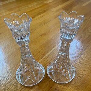 Pair of DePlomb 24% Lead Crystal Candle Holders Tulip Style Ta